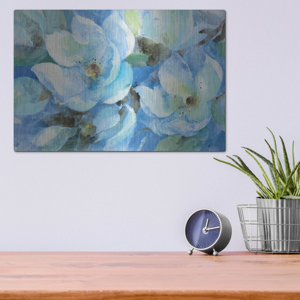'Blue Magnolias' by Albena Hristova – Metal Wall Art, 16x12 room view