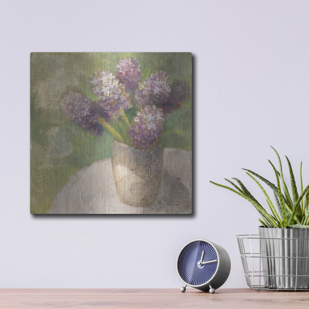 'Purple Hyacinths In Vase Green' by Albena Hristova – Metal Wall Art, 12x12 room view