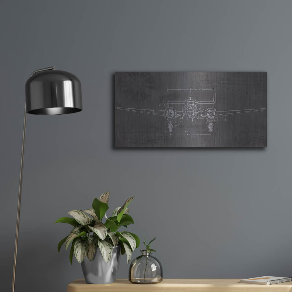 'Plane Blueprint 4 Wings' by Marco Fabiano – Metal Wall Art, 24x12 room view