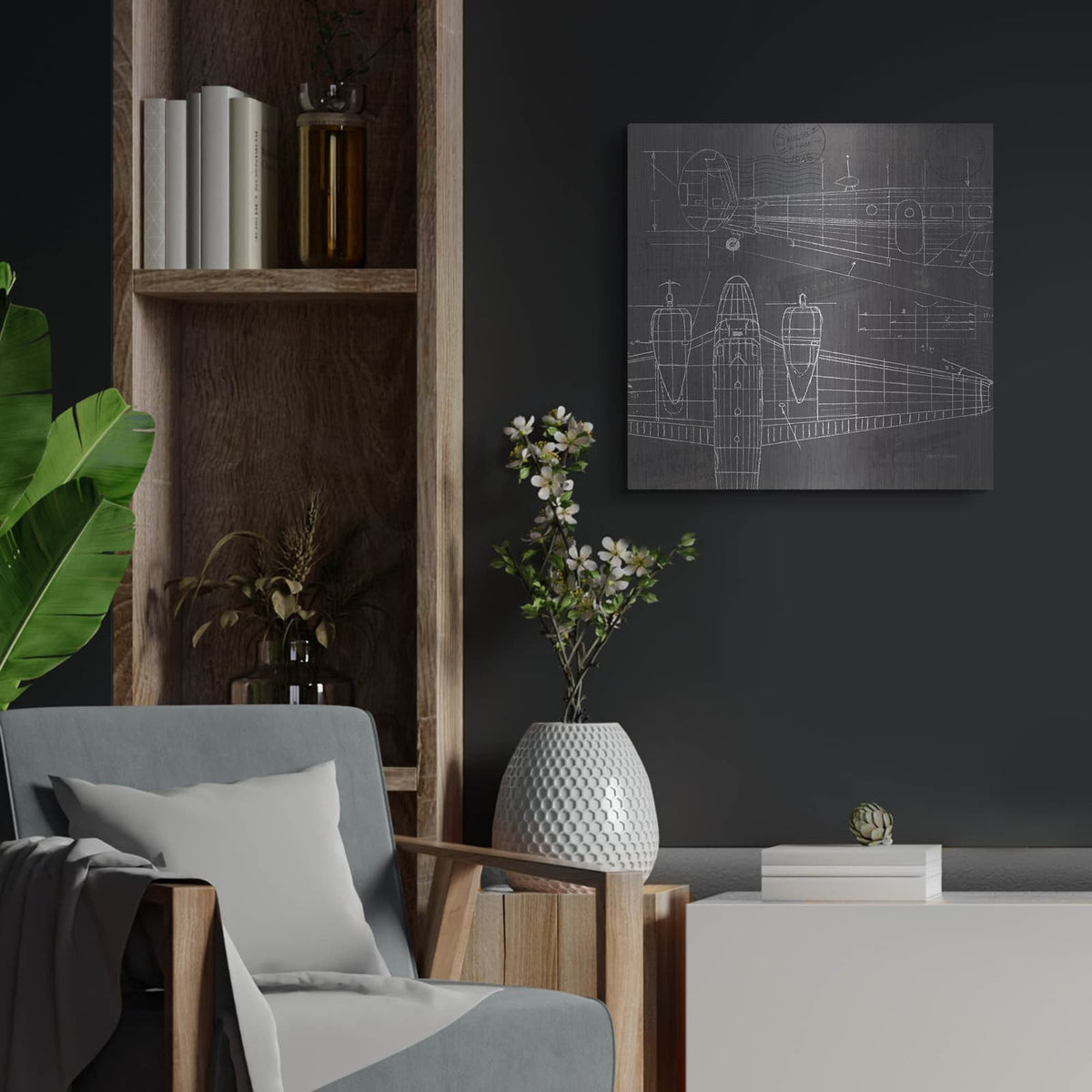 'Plane Blueprint 2' by Marco Fabiano – Metal Wall Art, 24x24 room view