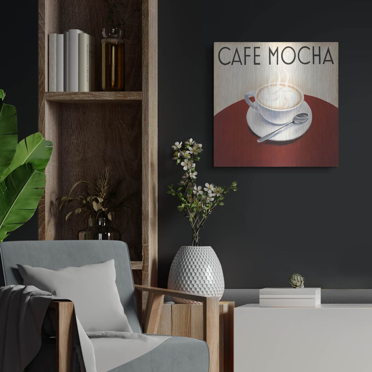 'Cafe Moderne V' by Marco Fabiano – Metal Wall Art, 24x24 room view