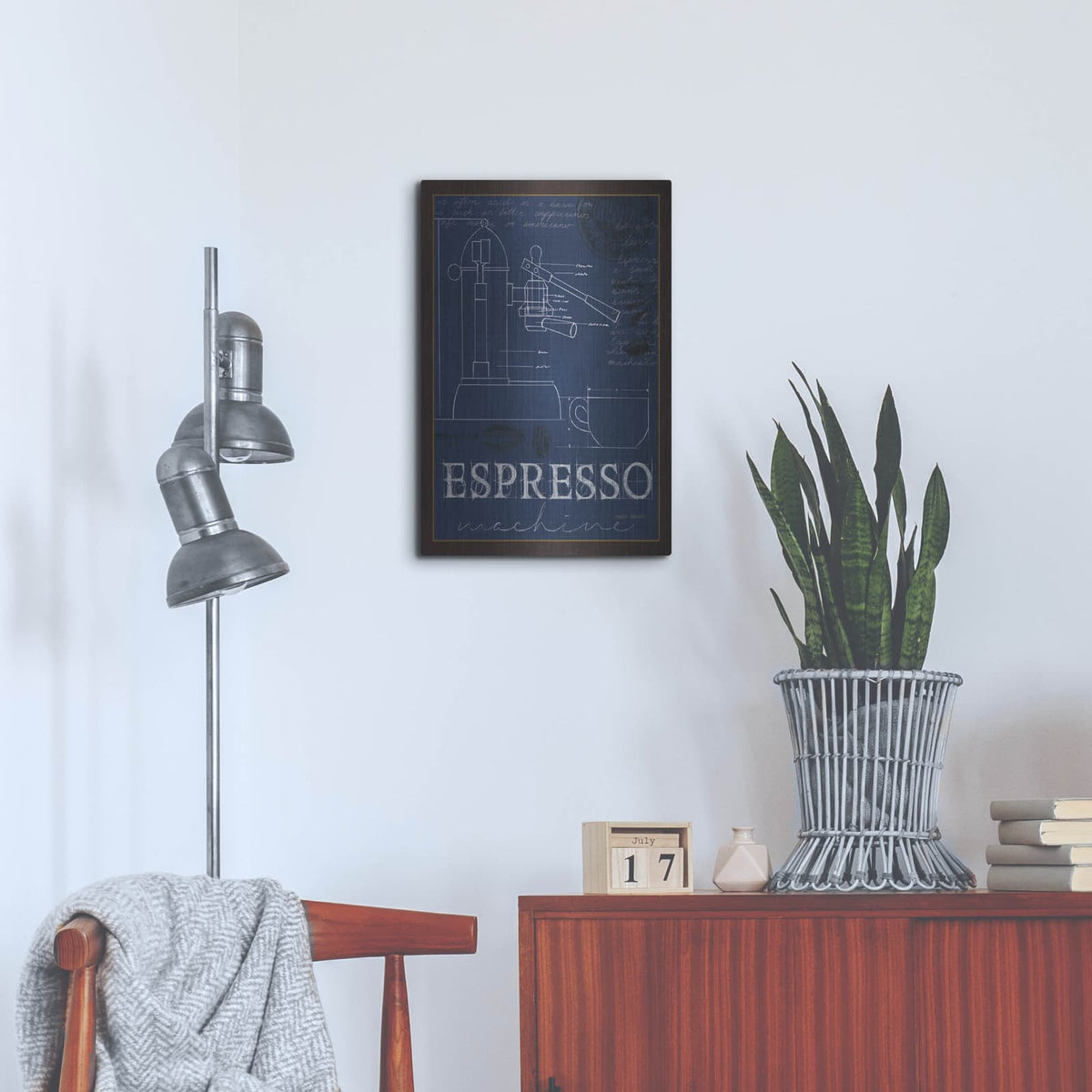 'Coffee Blueprint 4 Indigo' by Marco Fabiano – Metal Wall Art, 16x24 room view