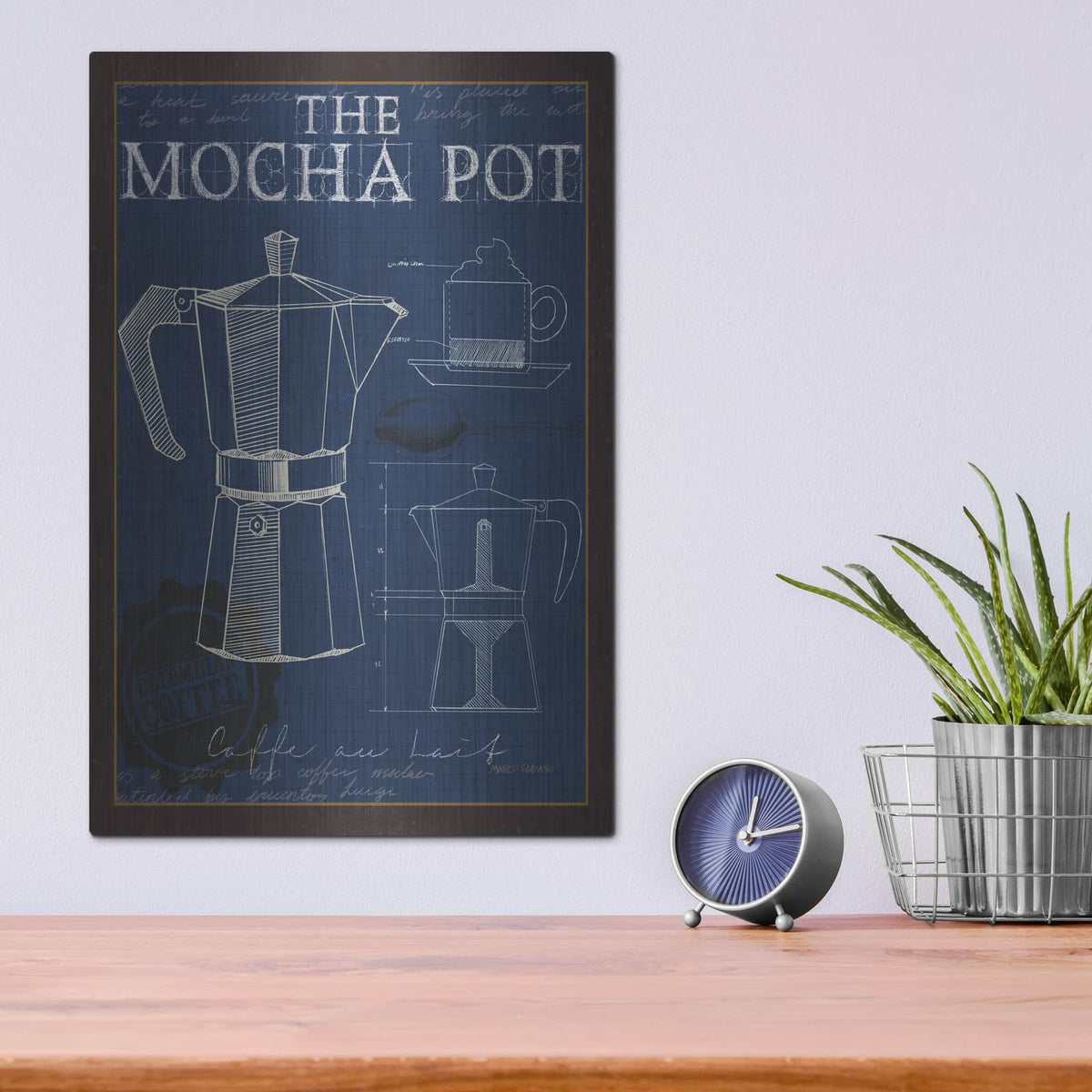 'Coffee Blueprint 2 Indigo' by Marco Fabiano – Metal Wall Art, 12x16 room view