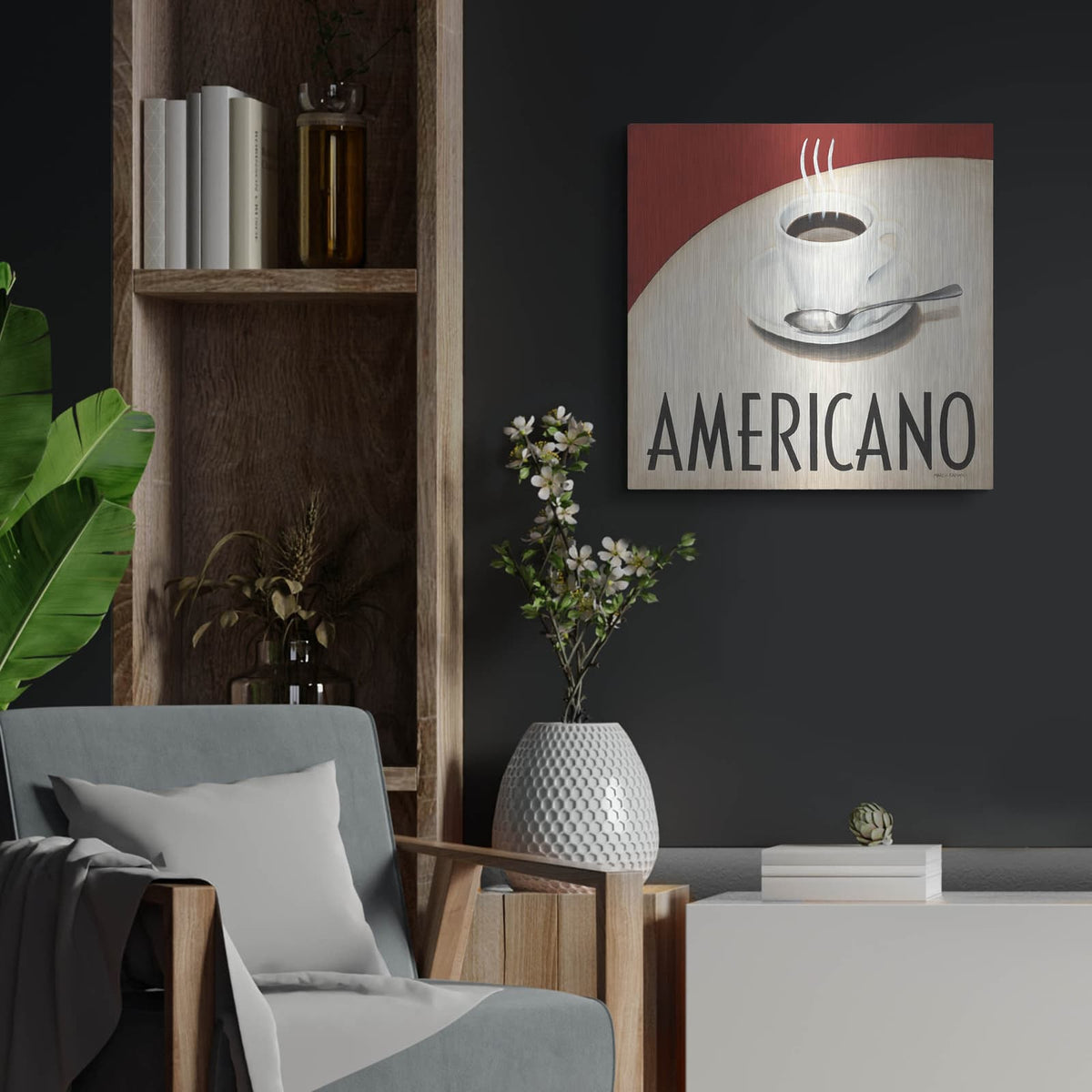 'Cafe Moderne 3' by Marco Fabiano – Metal Wall Art, 24x24 room view