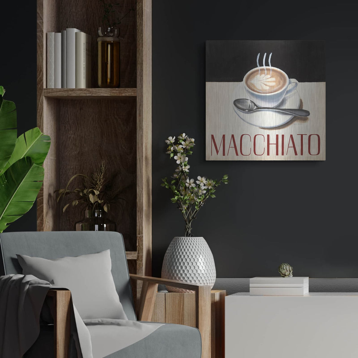'Cafe Moderne 6' by Marco Fabiano – Metal Wall Art, 24x24 room view