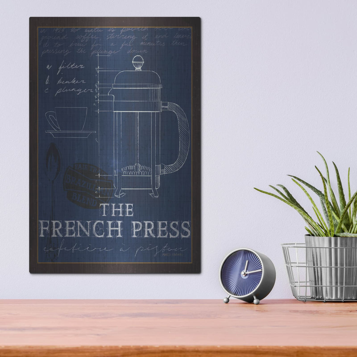 'Coffee Blueprint 1 1ndigo' by Marco Fabiano – Metal Wall Art, 12x16 room view