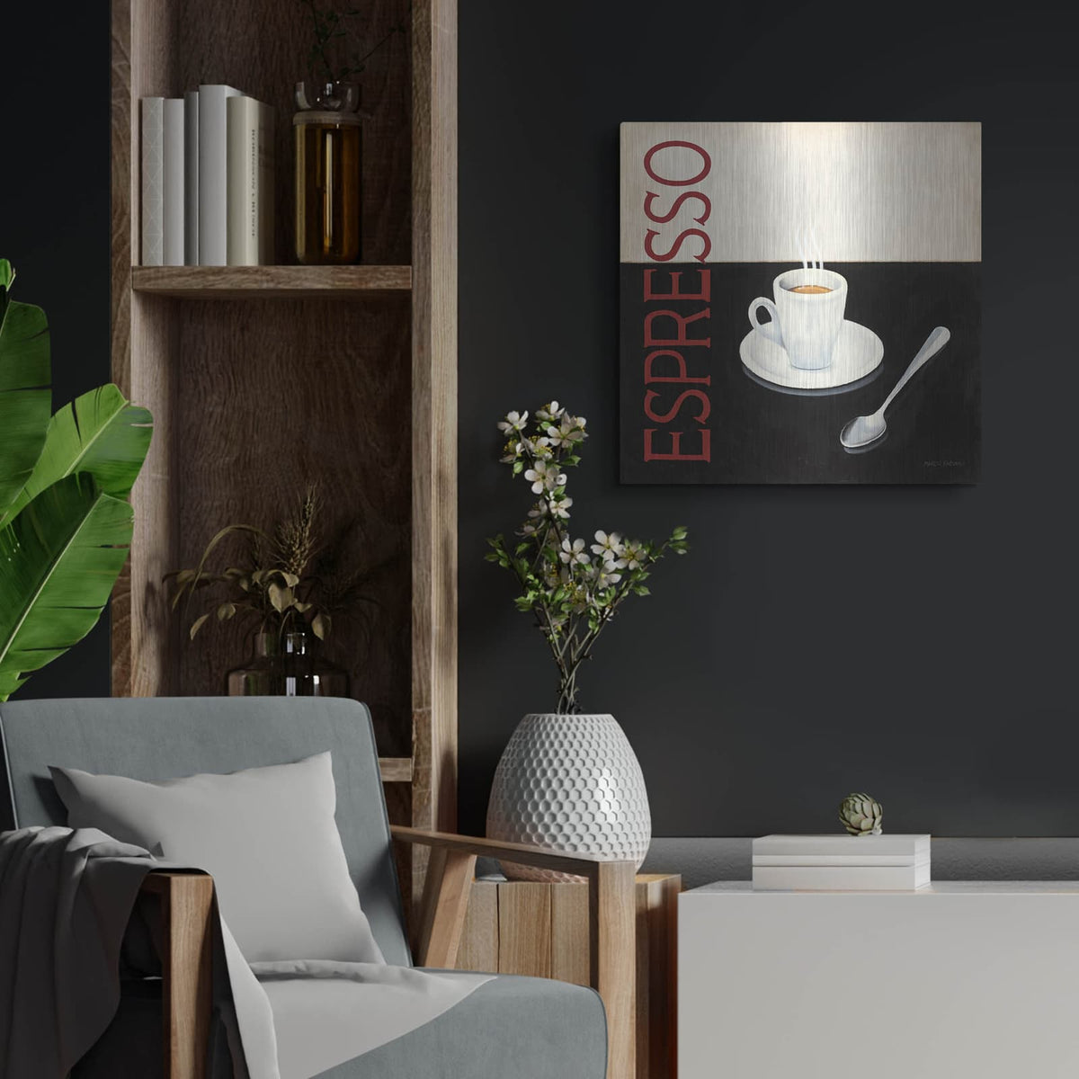 'Cafe Moderne 4' by Marco Fabiano – Metal Wall Art, 24x24 room view
