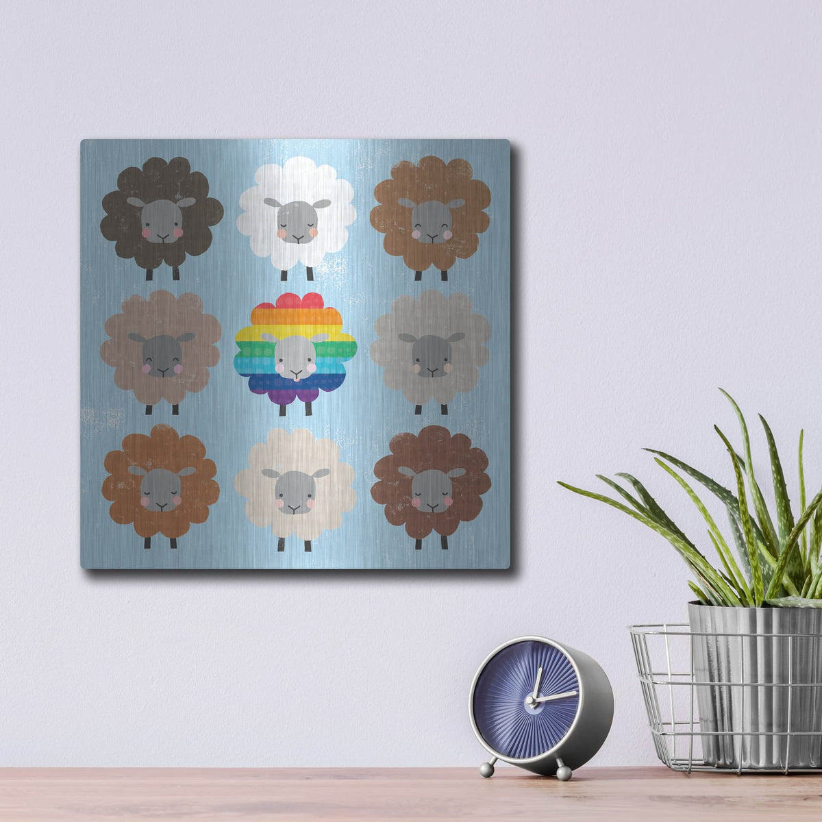 'Be Ewe Brown And Rainbow Sheep Sq' by Moira Hershey – Metal Wall Art, 12x12 room view