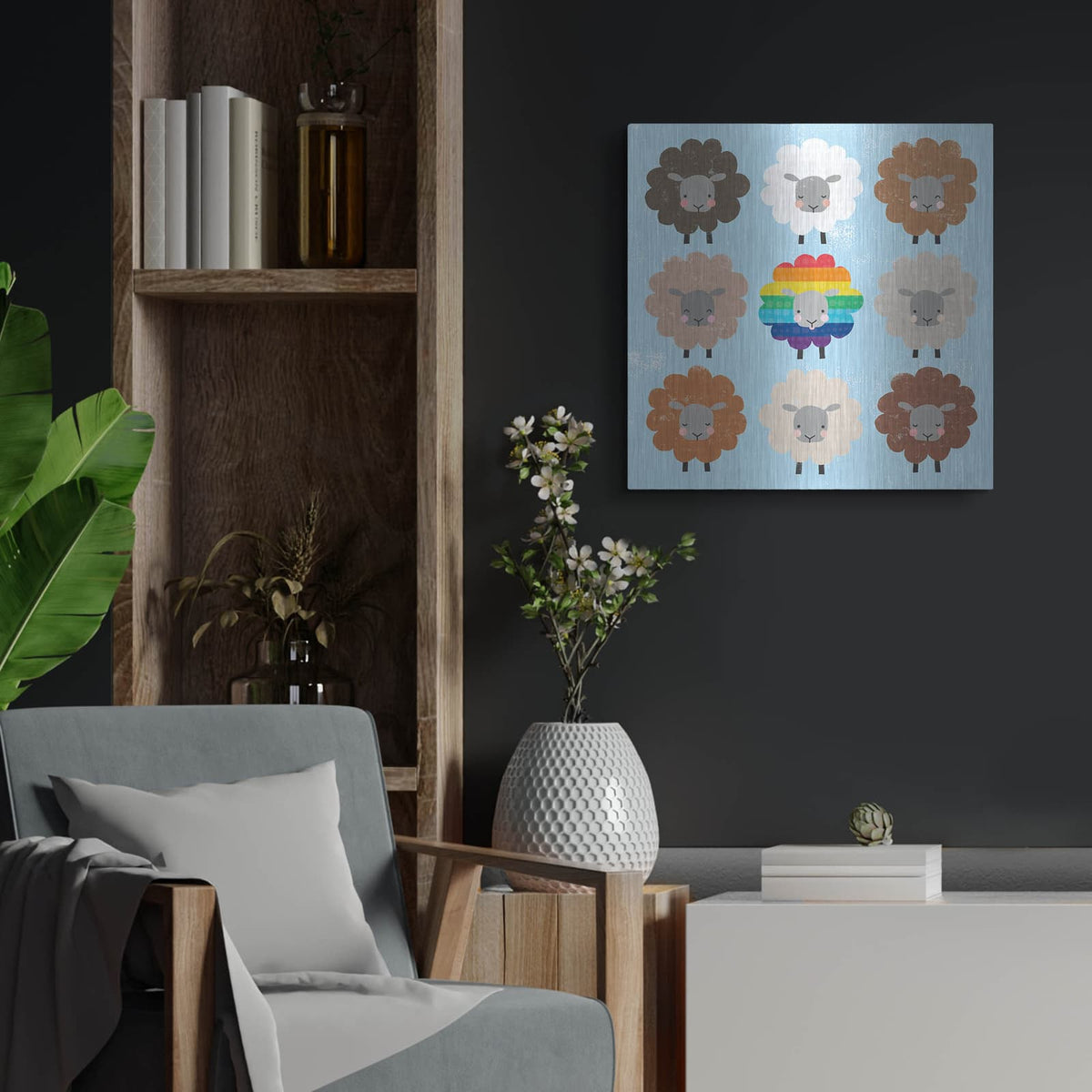 'Be Ewe Brown And Rainbow Sheep Sq' by Moira Hershey – Metal Wall Art, 24x24 room view