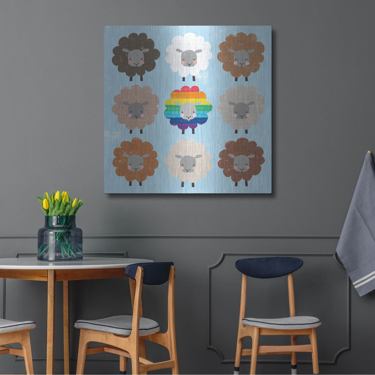 'Be Ewe Brown And Rainbow Sheep Sq' by Moira Hershey – Metal Wall Art, 36x36 room view