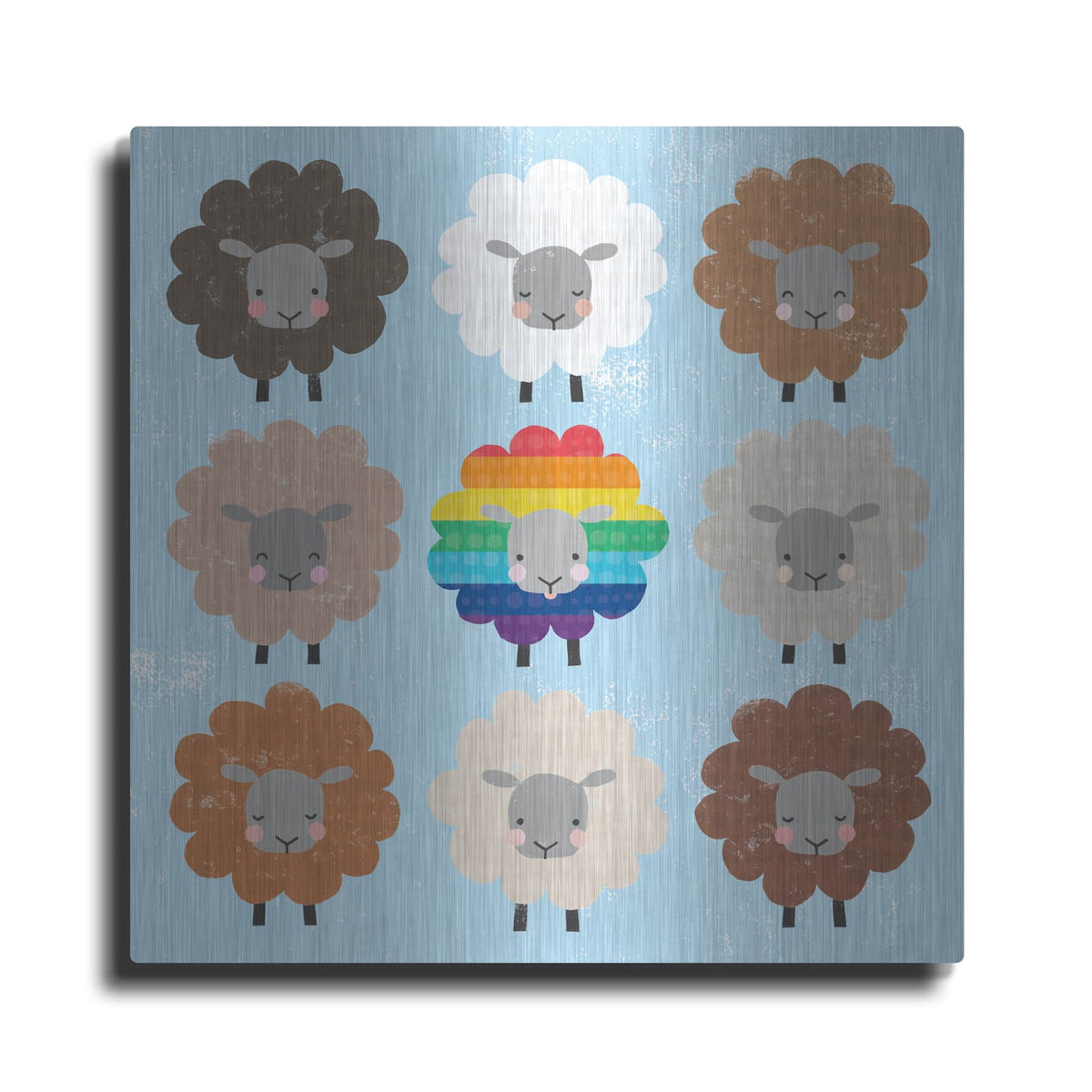 'Be Ewe Brown And Rainbow Sheep Sq' by Moira Hershey – Metal Wall Art