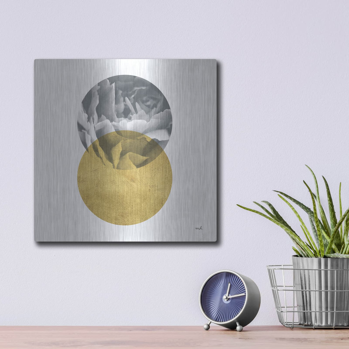 'Blossoms 1 Gold' by Moira Hershey – Metal Wall Art, 12x12 room view