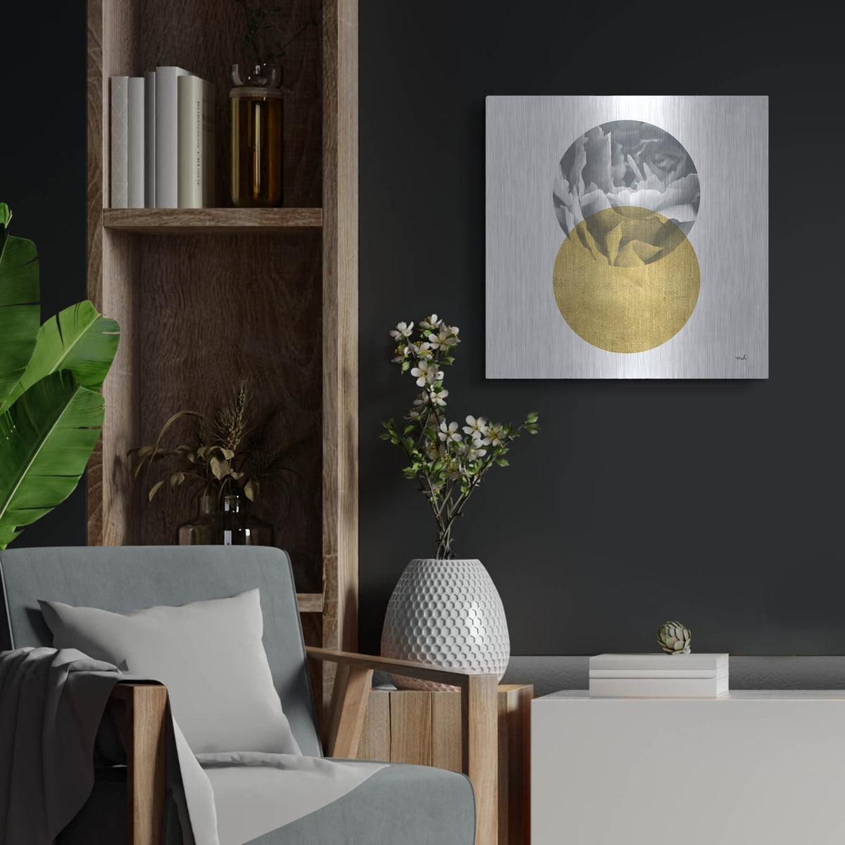 'Blossoms 1 Gold' by Moira Hershey – Metal Wall Art, 24x24 room view