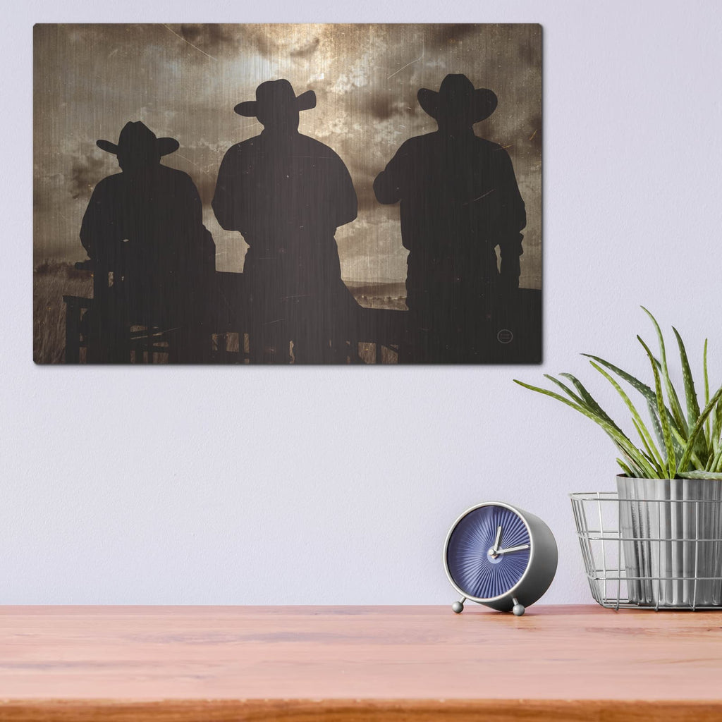 'Three Cowboys Sepia' by Nathan Larson – Metal Wall Art, 16x12 room view