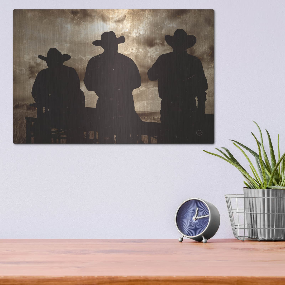'Three Cowboys Sepia' by Nathan Larson – Metal Wall Art, 16x12 room view