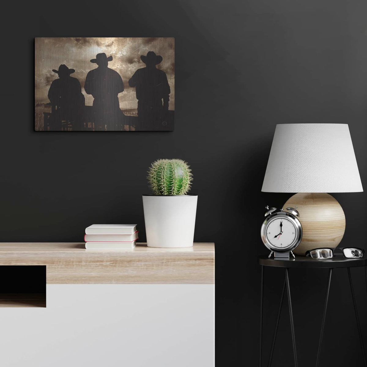 'Three Cowboys Sepia' by Nathan Larson – Metal Wall Art, 24x16 room view