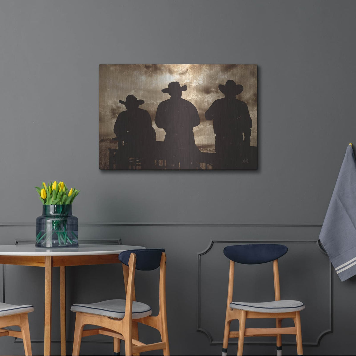 'Three Cowboys Sepia' by Nathan Larson – Metal Wall Art, 36x24 room view