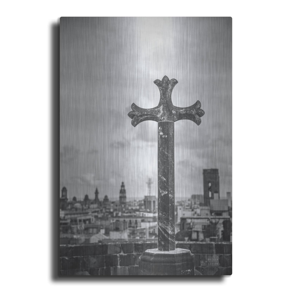 'Cathedral View Barcelona Bw' by Nathan Larson – Metal Wall Art