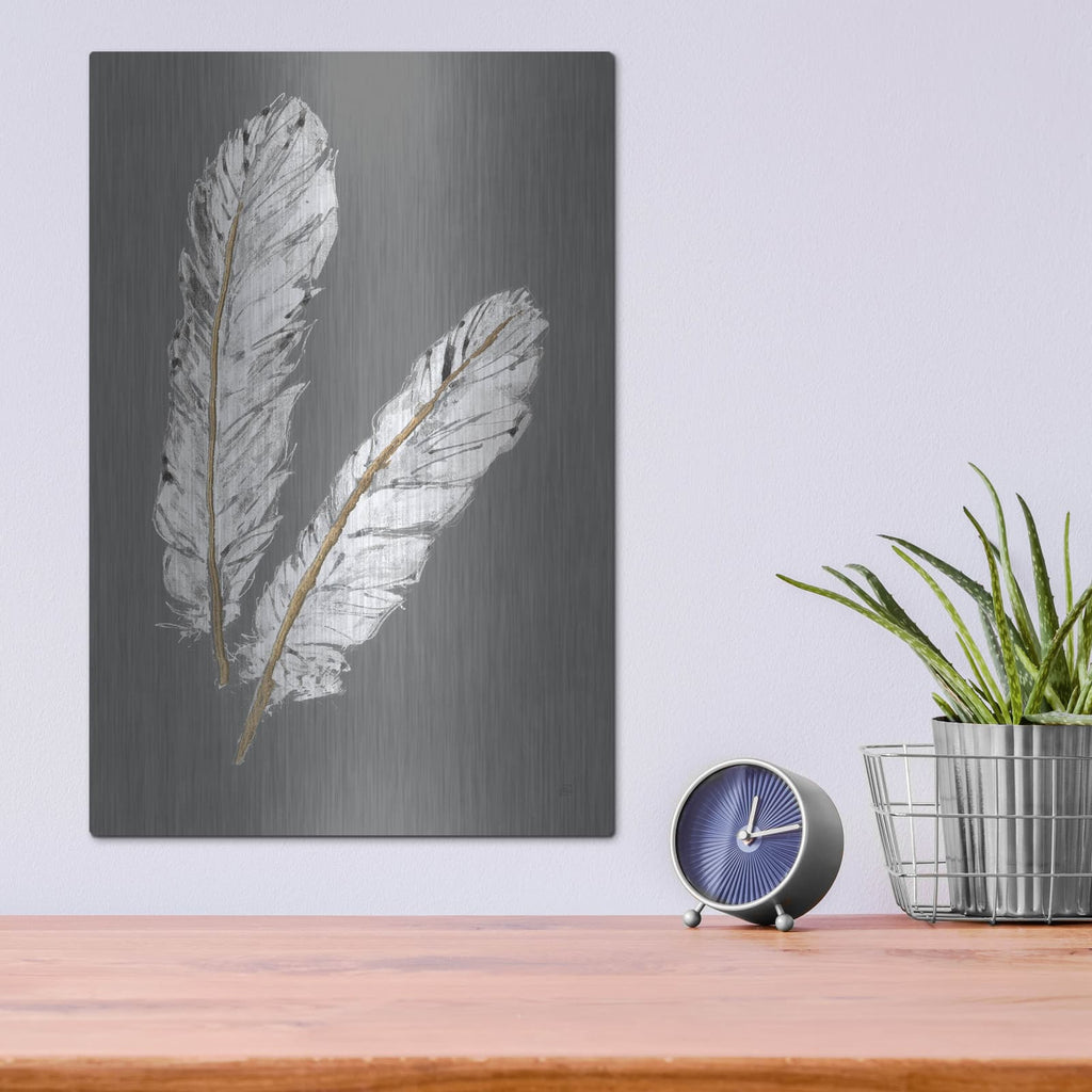 'Gold Feathers 4 On Grey' by Chris Paschke – Metal Wall Art, 12x16 room view