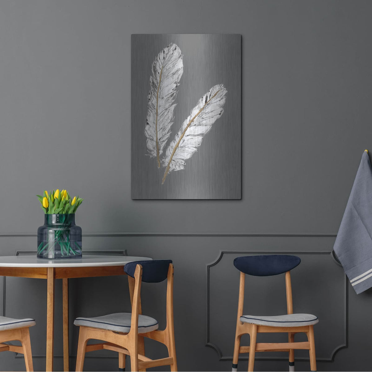 'Gold Feathers 4 On Grey' by Chris Paschke – Metal Wall Art, 24x36 room view