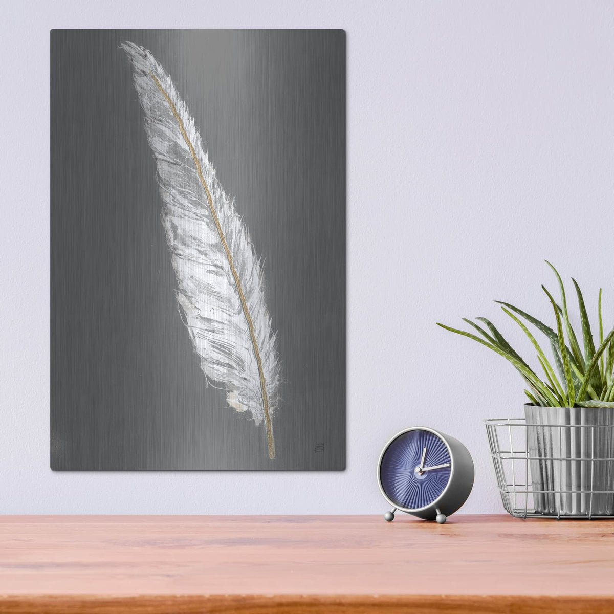 'Gold Feathers 6 On Grey' by Chris Paschke – Metal Wall Art, 12x16 room view