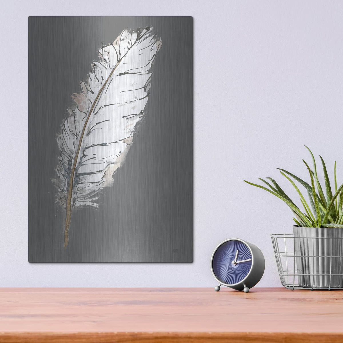 'Gold Feathers 7 On Grey' by Chris Paschke – Metal Wall Art, 12x16 room view