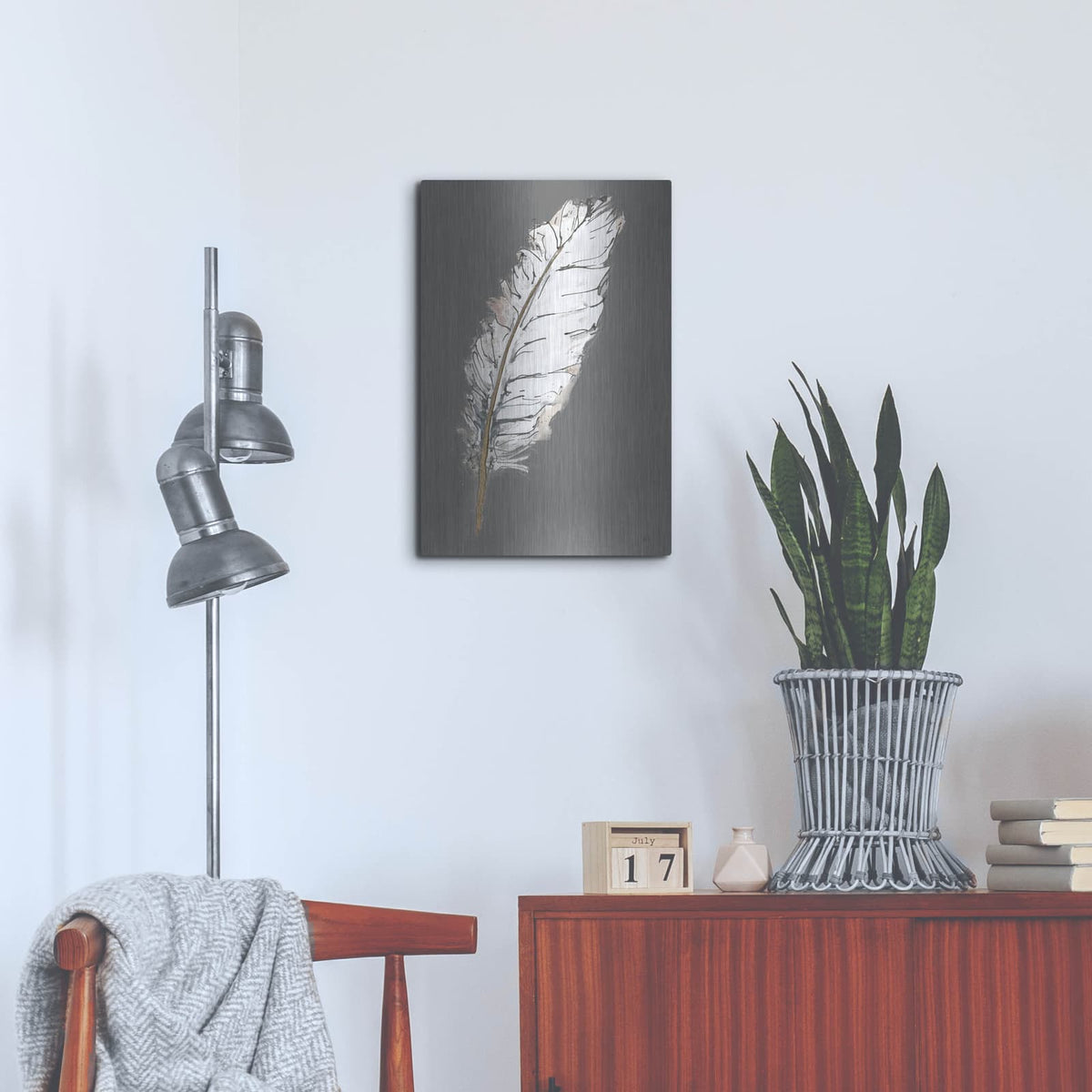 'Gold Feathers 7 On Grey' by Chris Paschke – Metal Wall Art, 16x24 room view