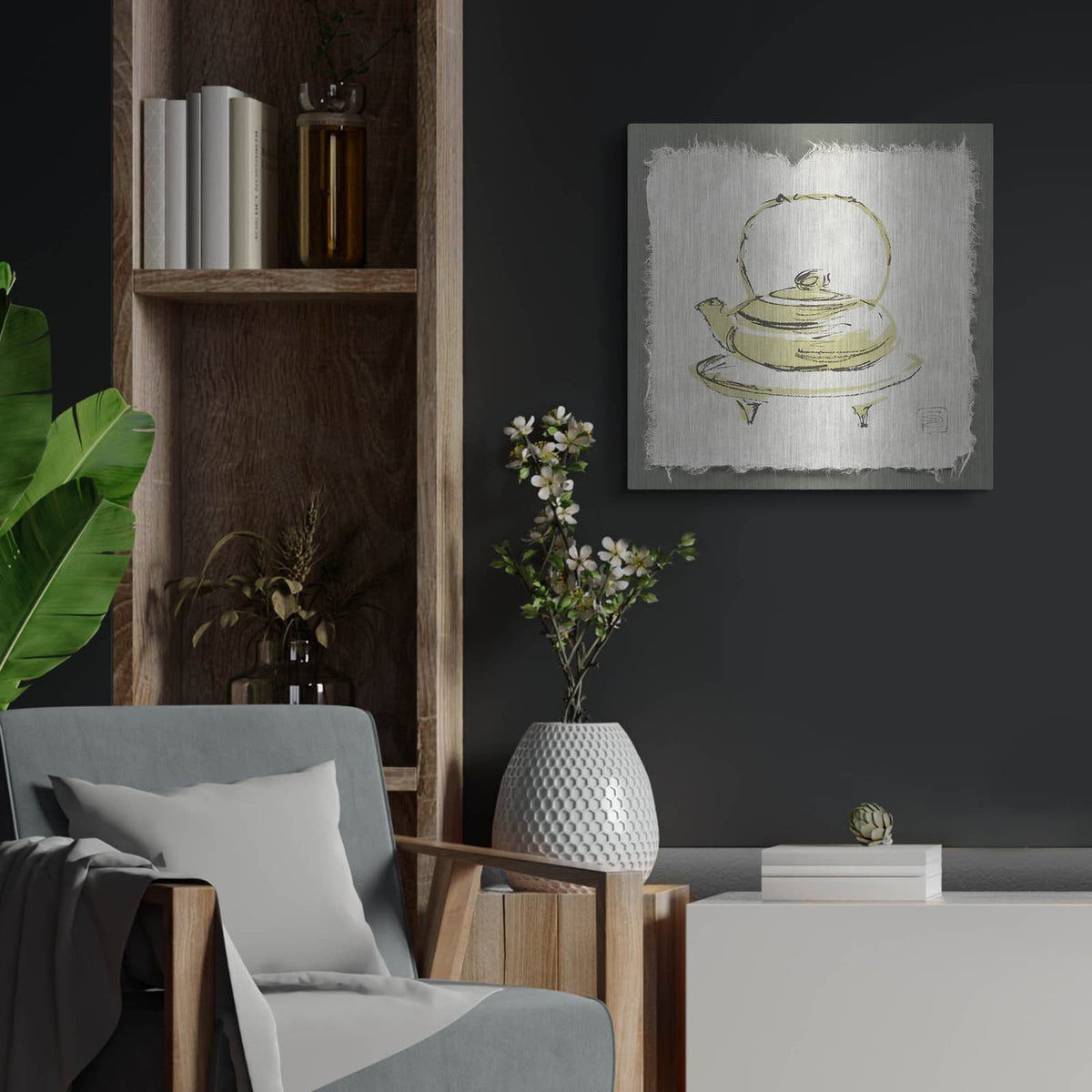 'Green Teapot' by Chris Paschke – Metal Wall Art, 24x24 room view
