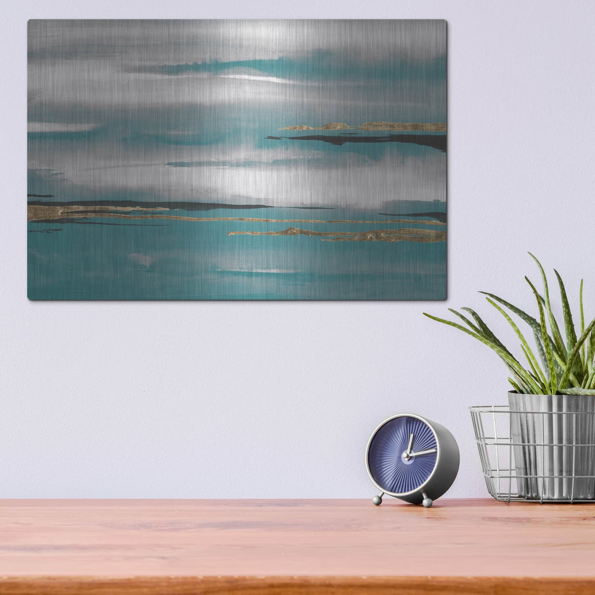 'Gilded Storm 1 Teal Grey' by Chris Paschke – Metal Wall Art, 16x12 room view