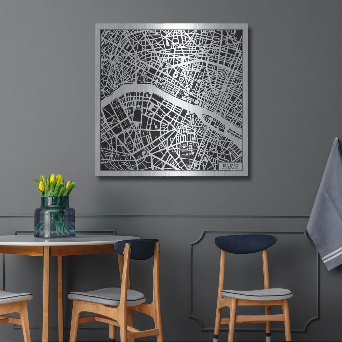 'Paris Map Black' by Laura Marshall – Metal Wall Art, 36x36 room view