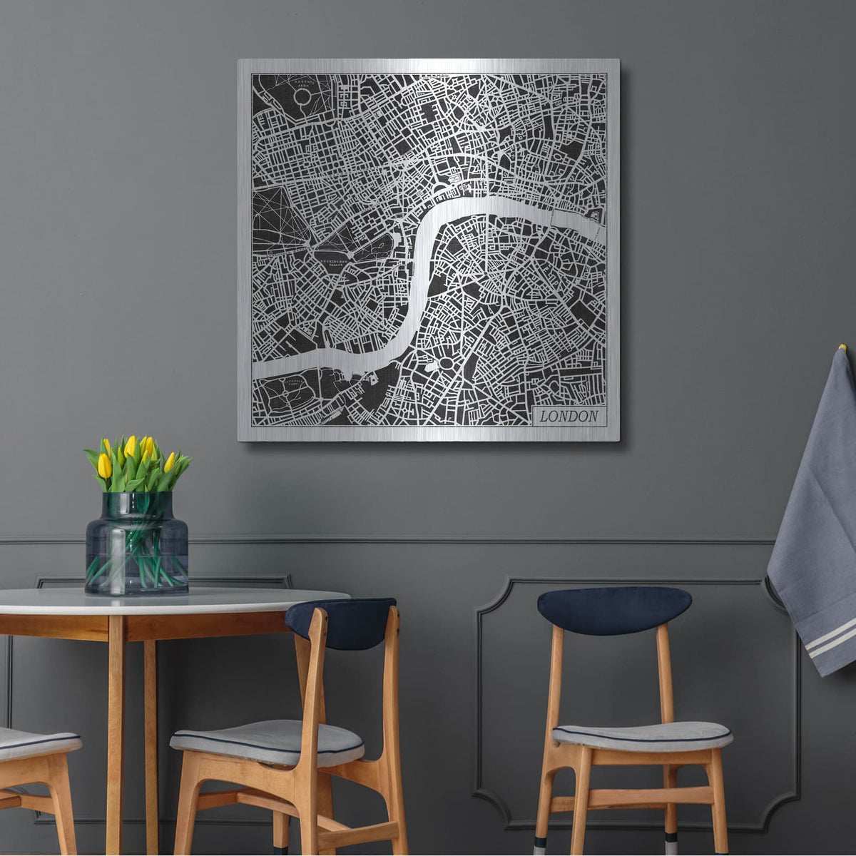 'London Map Black' by Laura Marshall – Metal Wall Art, 36x36 room view