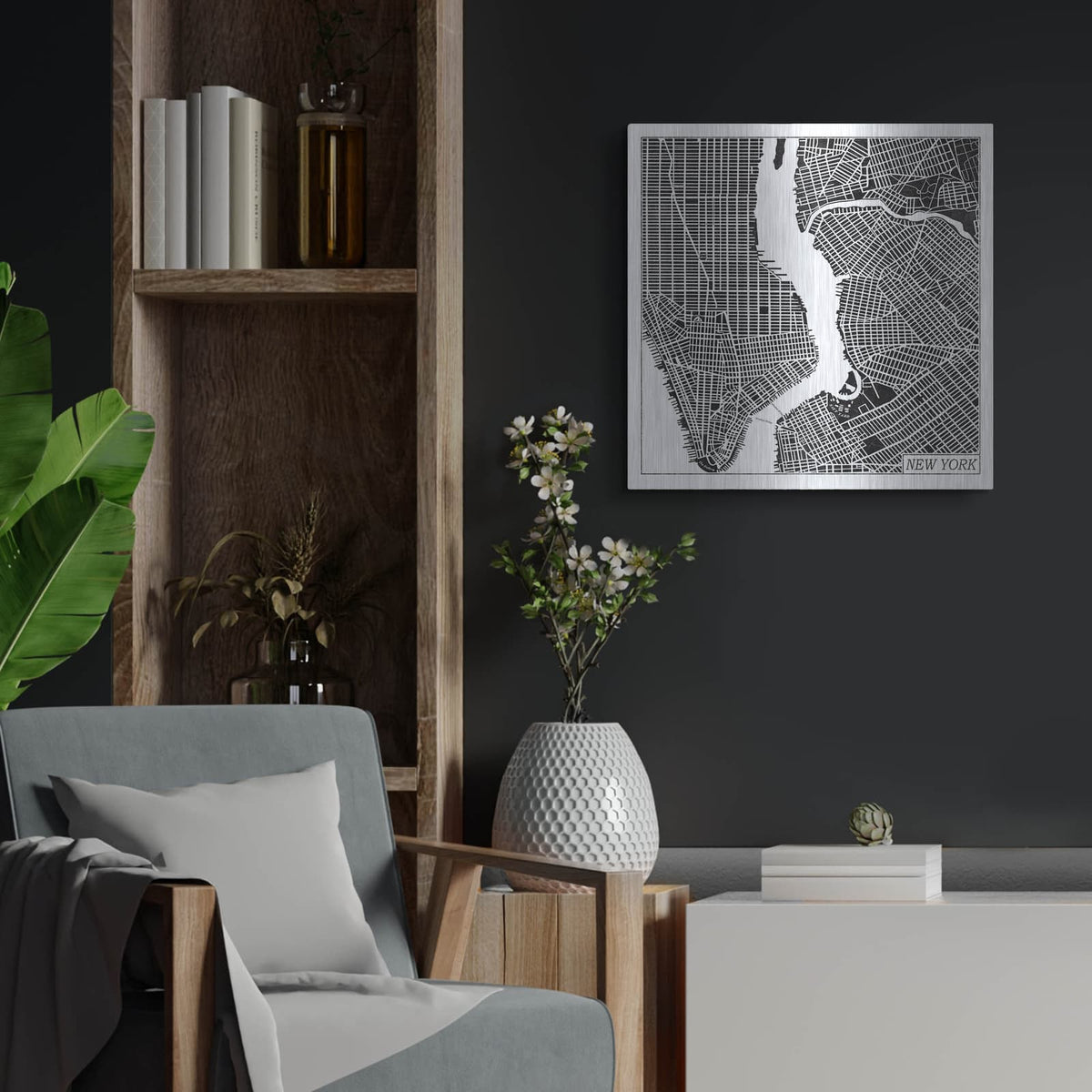 'New York Map Black' by Laura Marshall – Metal Wall Art, 24x24 room view