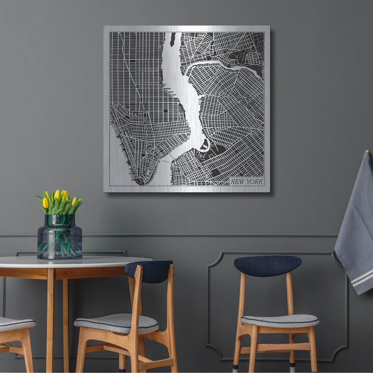 'New York Map Black' by Laura Marshall – Metal Wall Art, 36x36 room view