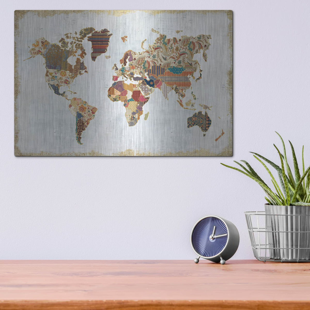 'Pattern World Map' by Laura Marshall – Metal Wall Art, 16x12 room view
