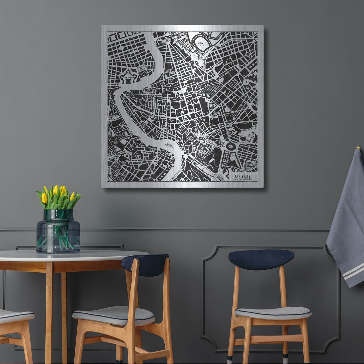 'Rome Map Black' by Laura Marshall – Metal Wall Art, 36x36 room view
