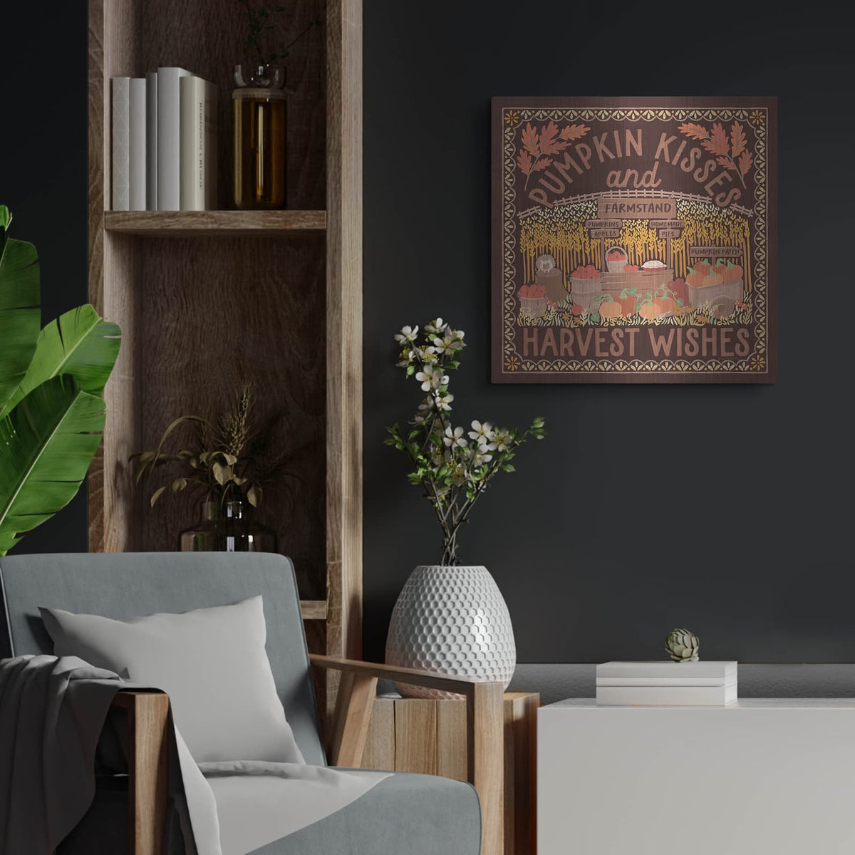 'Autumn Days 5 Dark' by Laura Marshall – Metal Wall Art, 24x24 room view