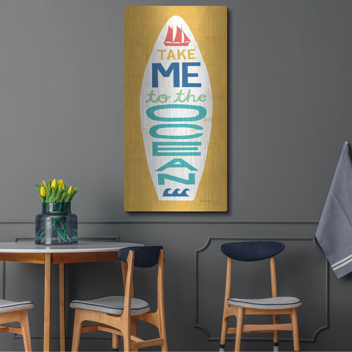 'Beach Bums Surf Board 4' by Michael Mullan – Metal Wall Art, 24x48 room view