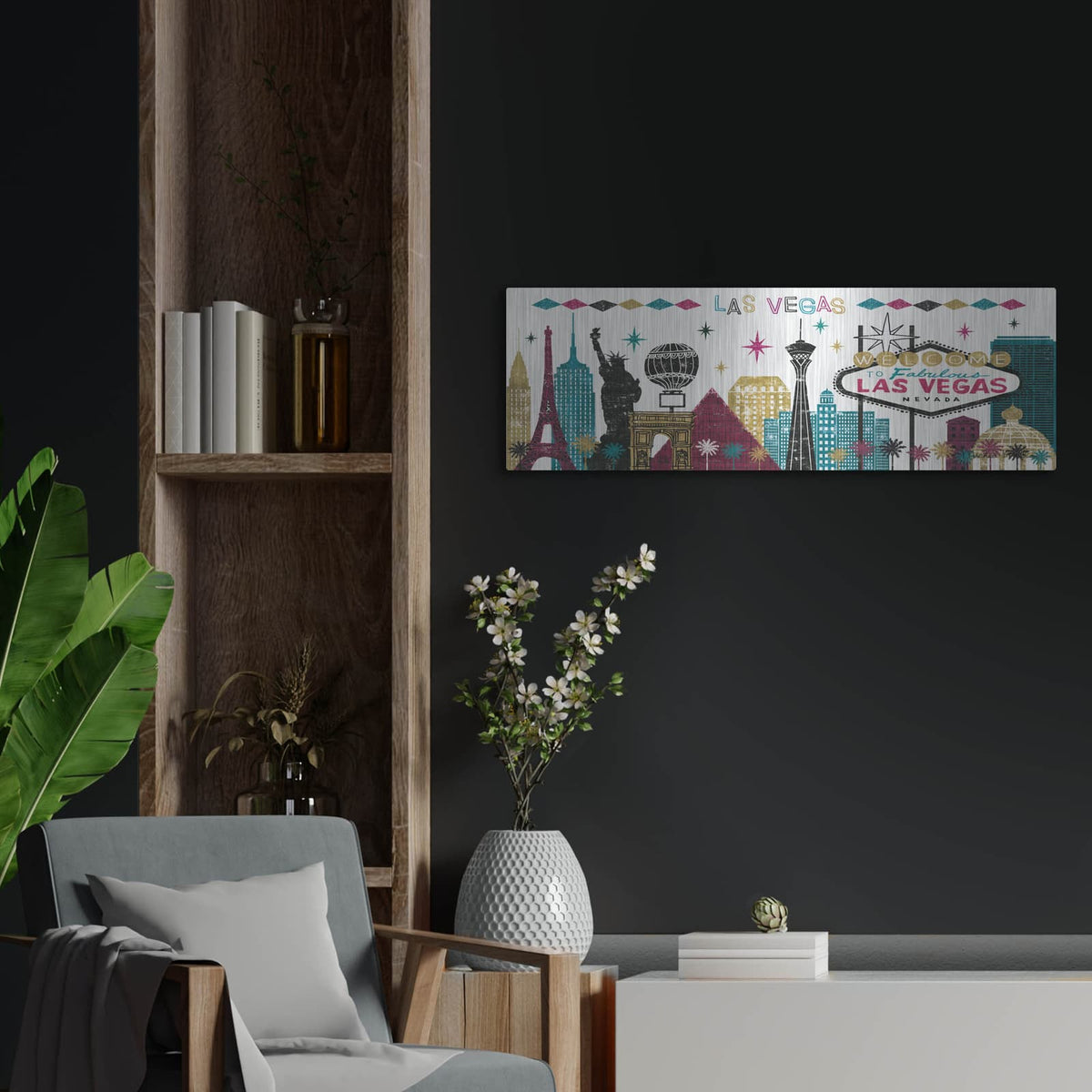 'Las Vegas Skyline Panel' by Michael Mullan – Metal Wall Art, 36x12 room view