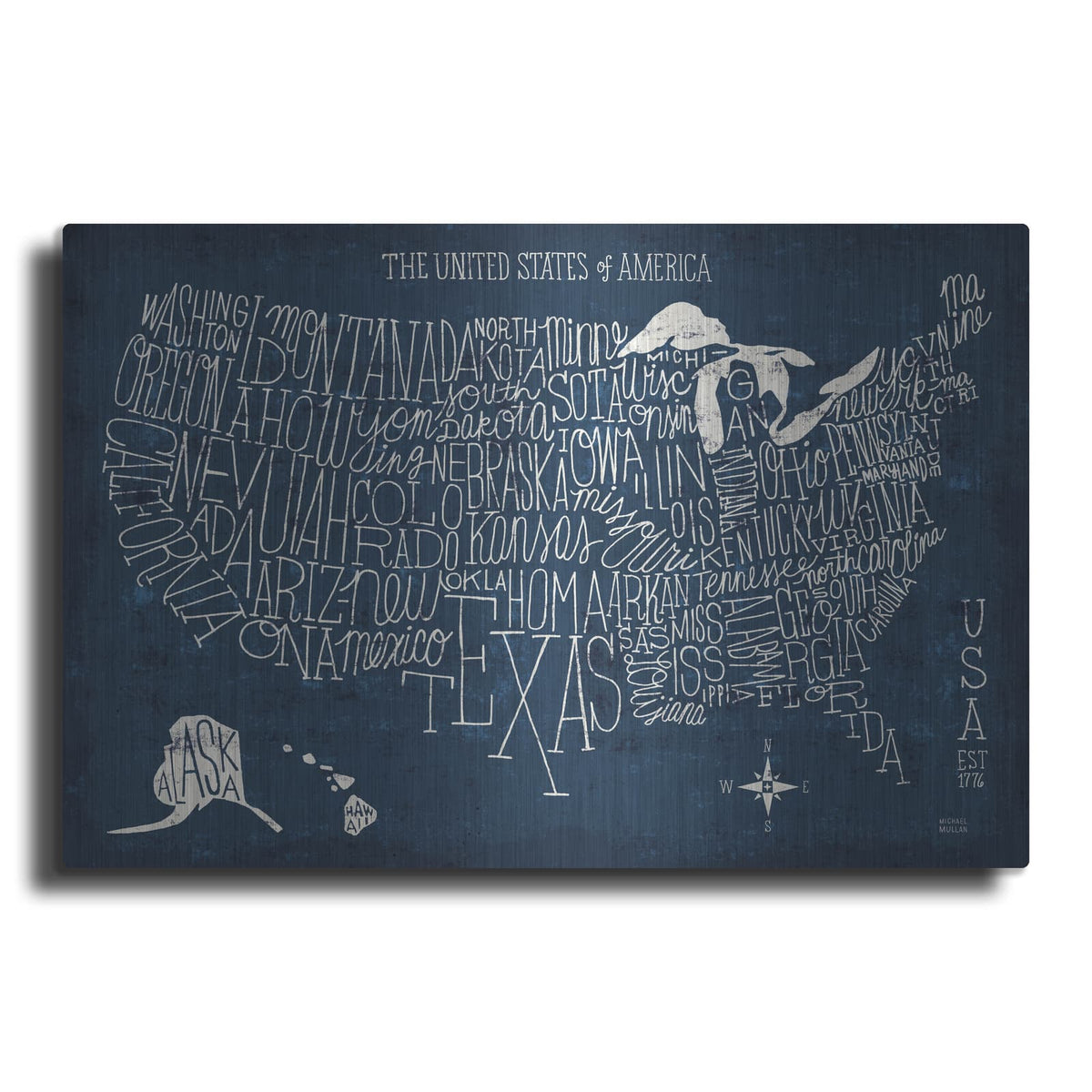 'Hand Lettered Us Map Blueprint' by Michael Mullan – Metal Wall Art