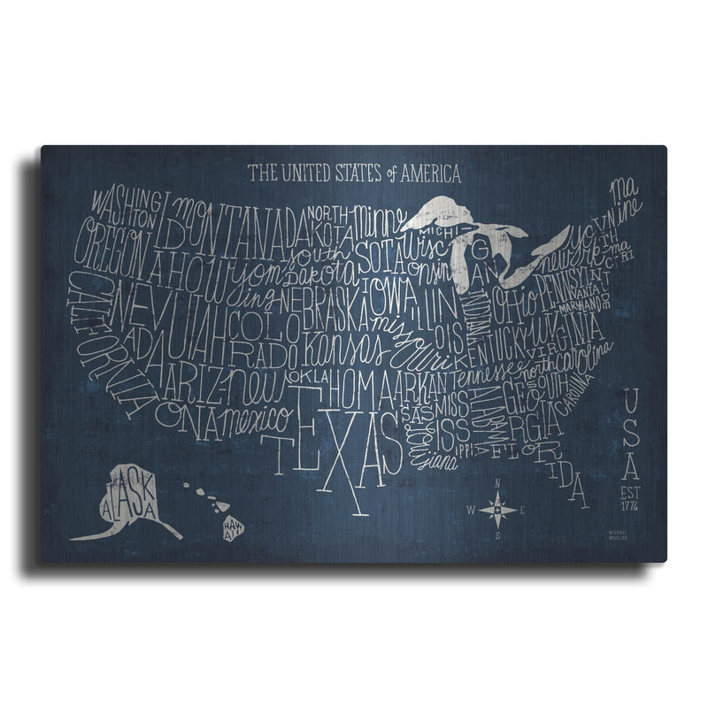 'Hand Lettered Us Map Blueprint' by Michael Mullan – Metal Wall Art