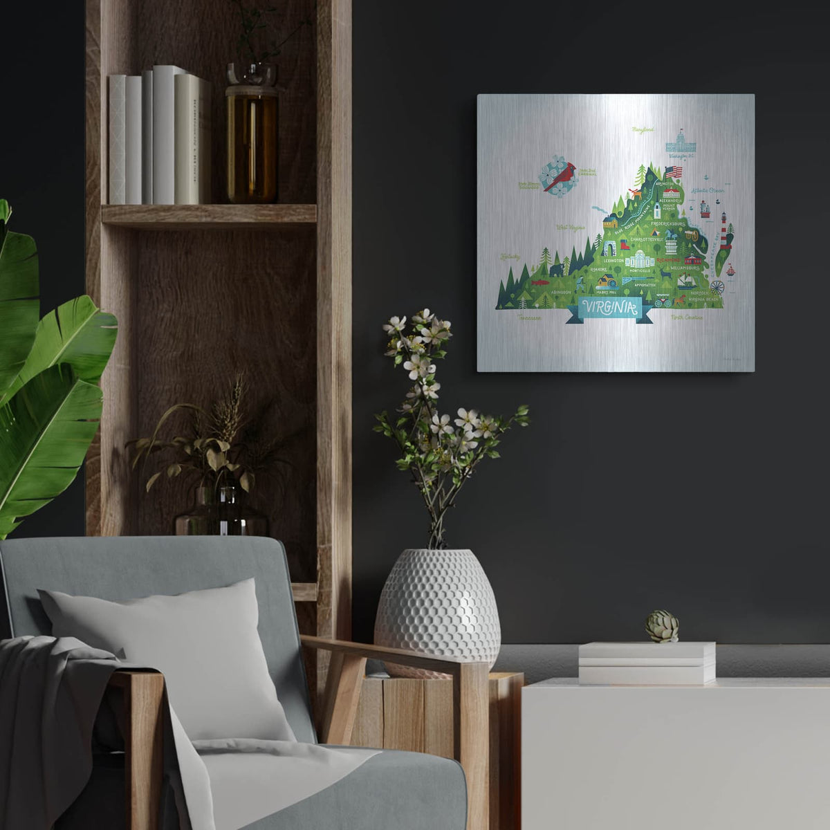 'Illustrated Virginia' by Michael Mullan – Metal Wall Art, 24x24 room view