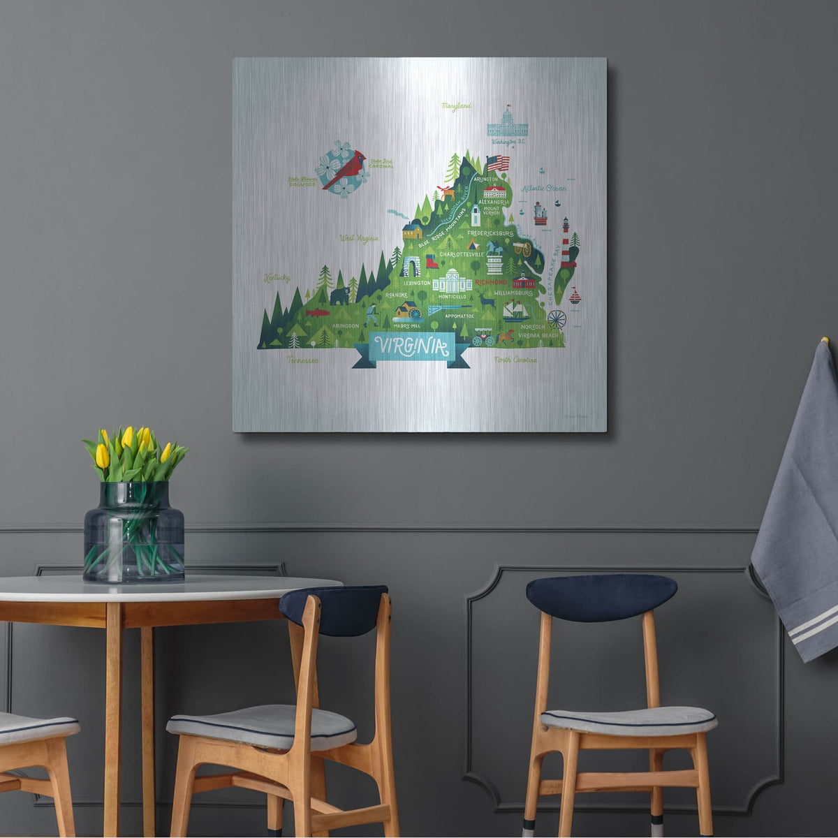 'Illustrated Virginia' by Michael Mullan – Metal Wall Art, 36x36 room view