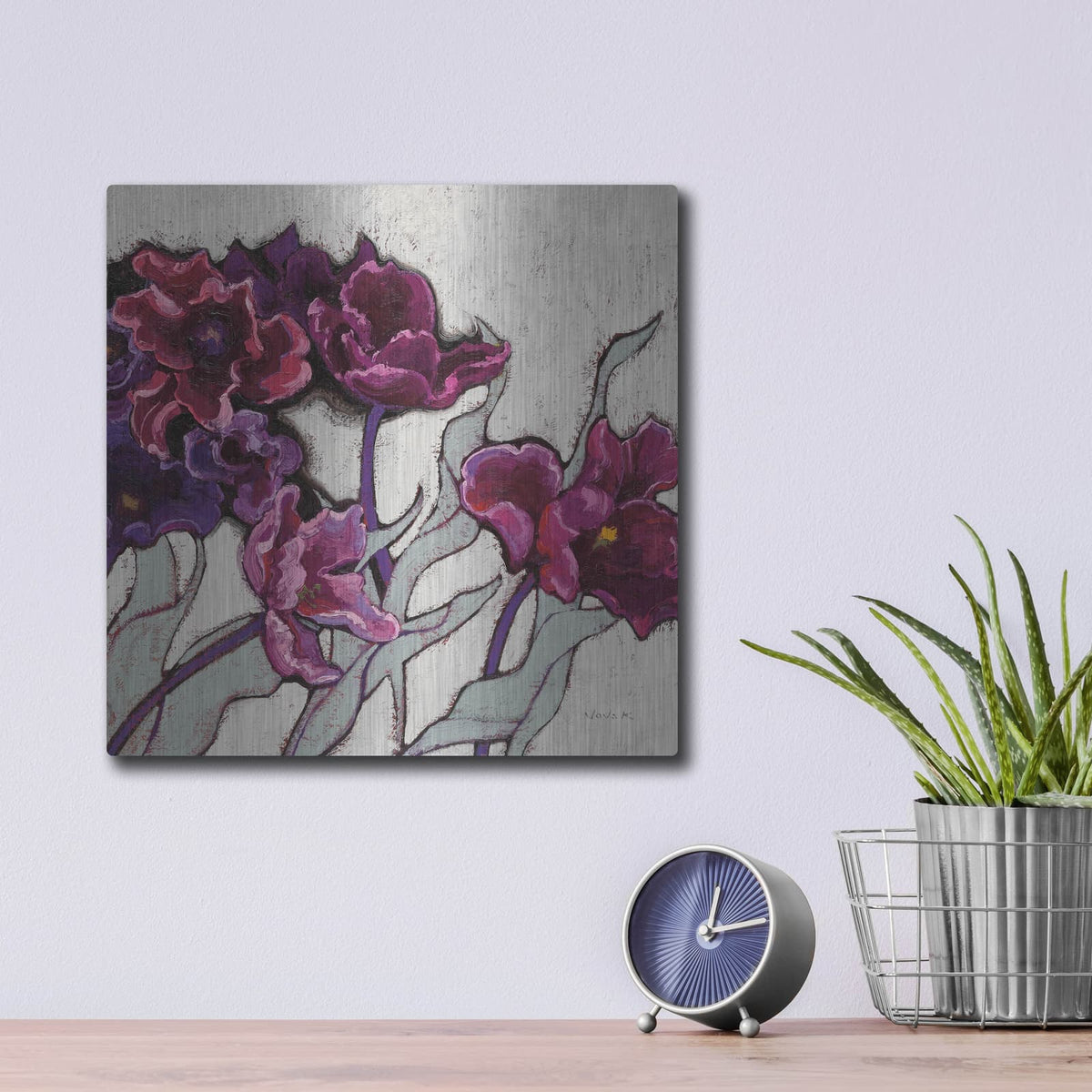 'Ruffled Tulips' by Shirley Novak – Metal Wall Art, 12x12 room view