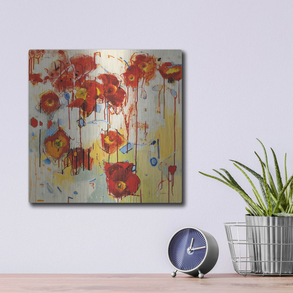 'Red Poppy Chaos' by Shirley Novak – Metal Wall Art, 12x12 room view