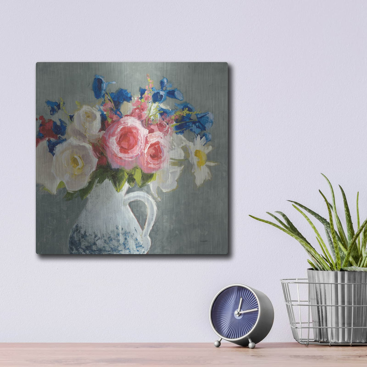 'Bouquet In Spanish Jug 1 Gray' by Shirley Novak – Metal Wall Art, 12x12 room view