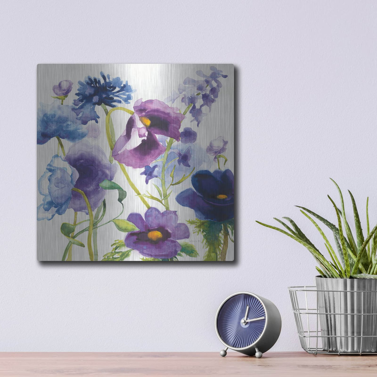 'Blue And Purple Mixed Garden 1' by Shirley Novak – Metal Wall Art, 12x12 room view