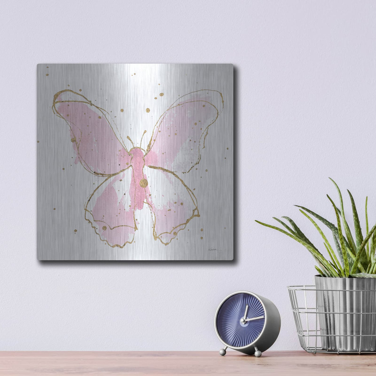 'Pink Gilded Butterflies 2' by Shirley Novak – Metal Wall Art, 12x12 room view