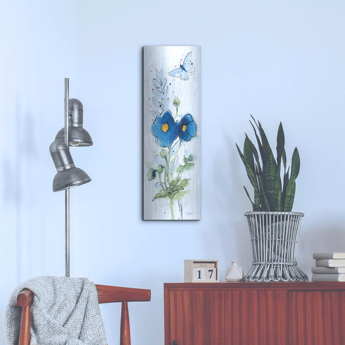'Independent Blooms Blue 6' by Shirley Novak – Metal Wall Art, 12x36 room view