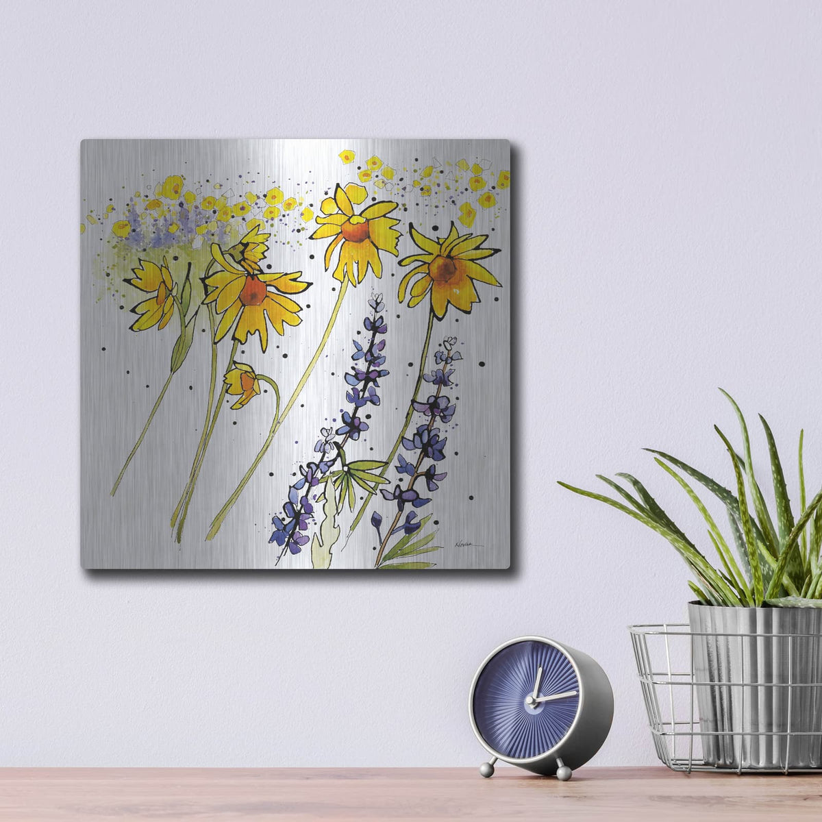 'Wild Sunflowers And Lupine' by Shirley Novak – Metal Wall Art, 12x12 room view