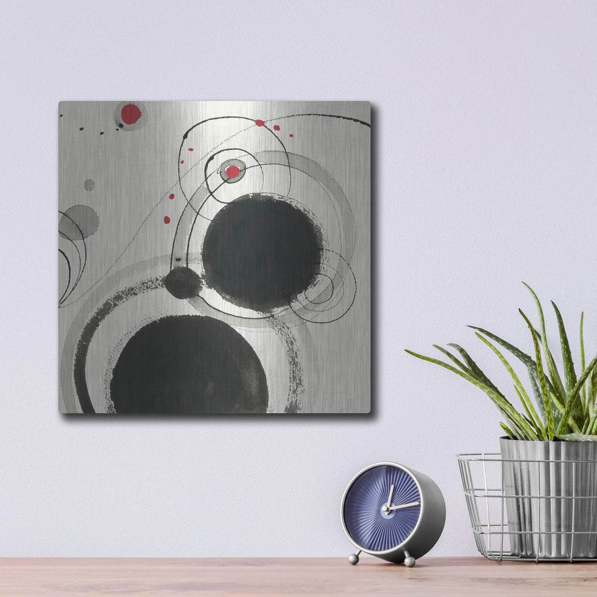 'Planetary 3 With Red' by Shirley Novak – Metal Wall Art, 12x12 room view